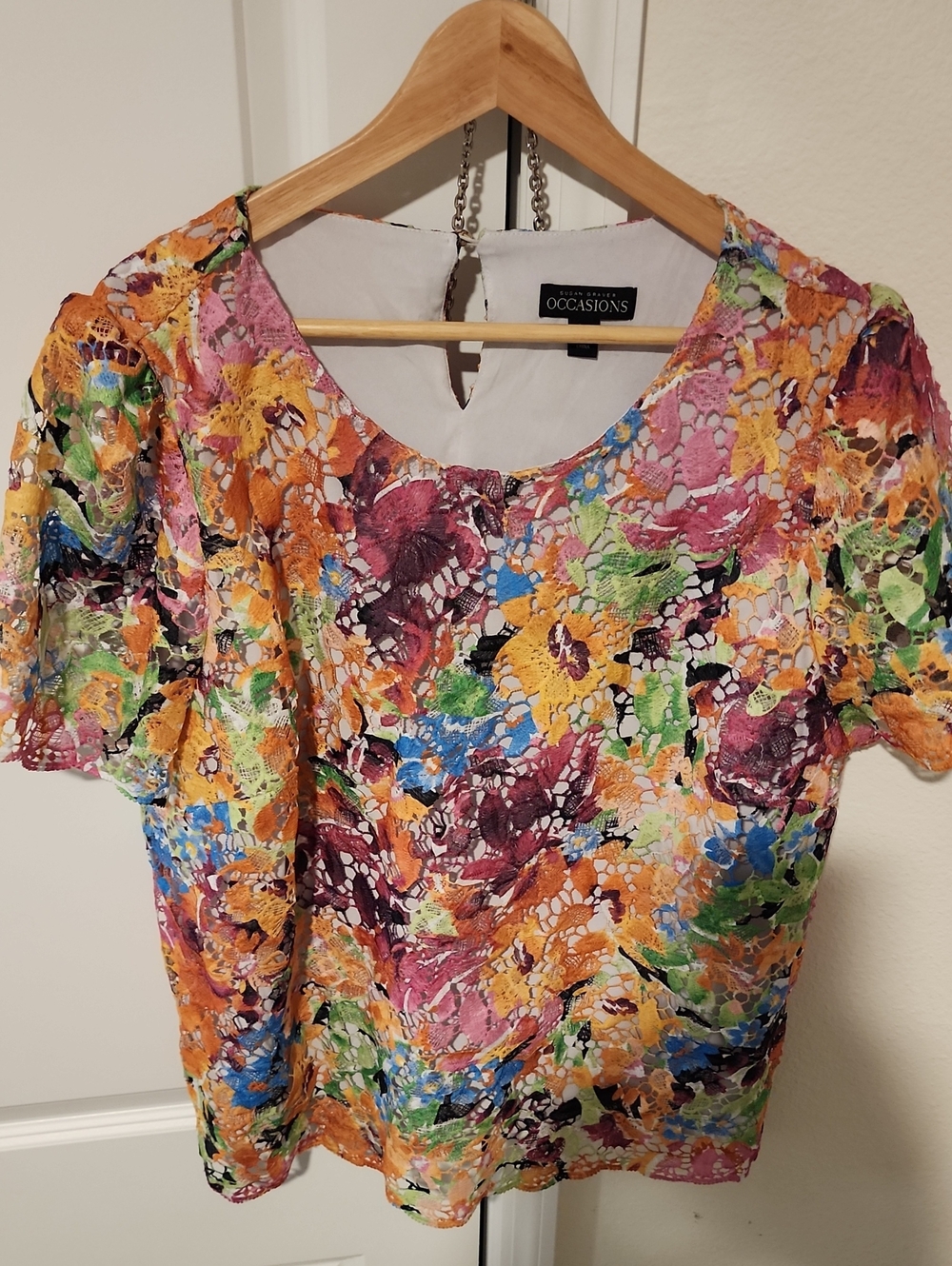 Susan Graver Multicolor Floral Lace Short Sleeve Top
